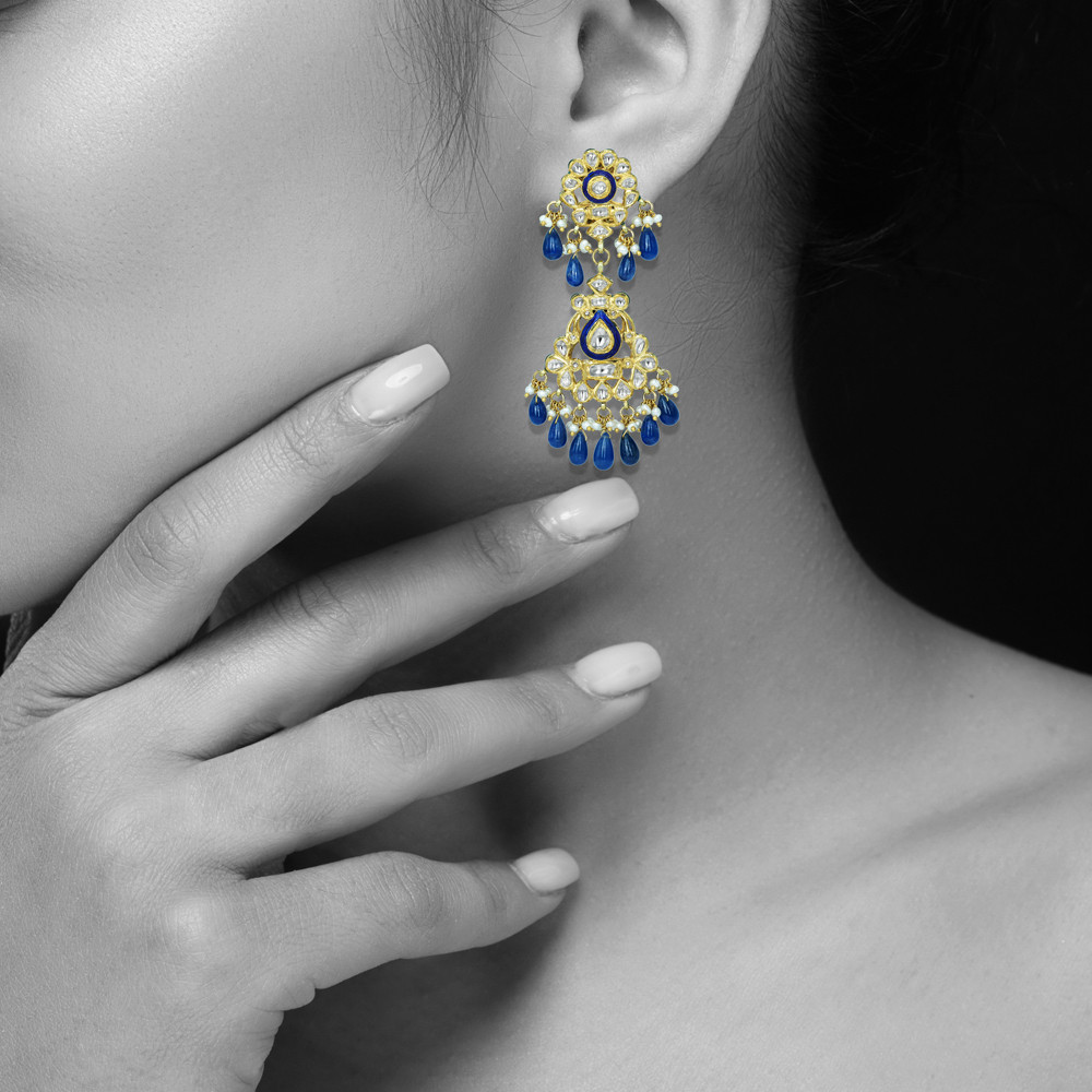 Polki Earrings with Blue Enamel and Ruby Bead Drops